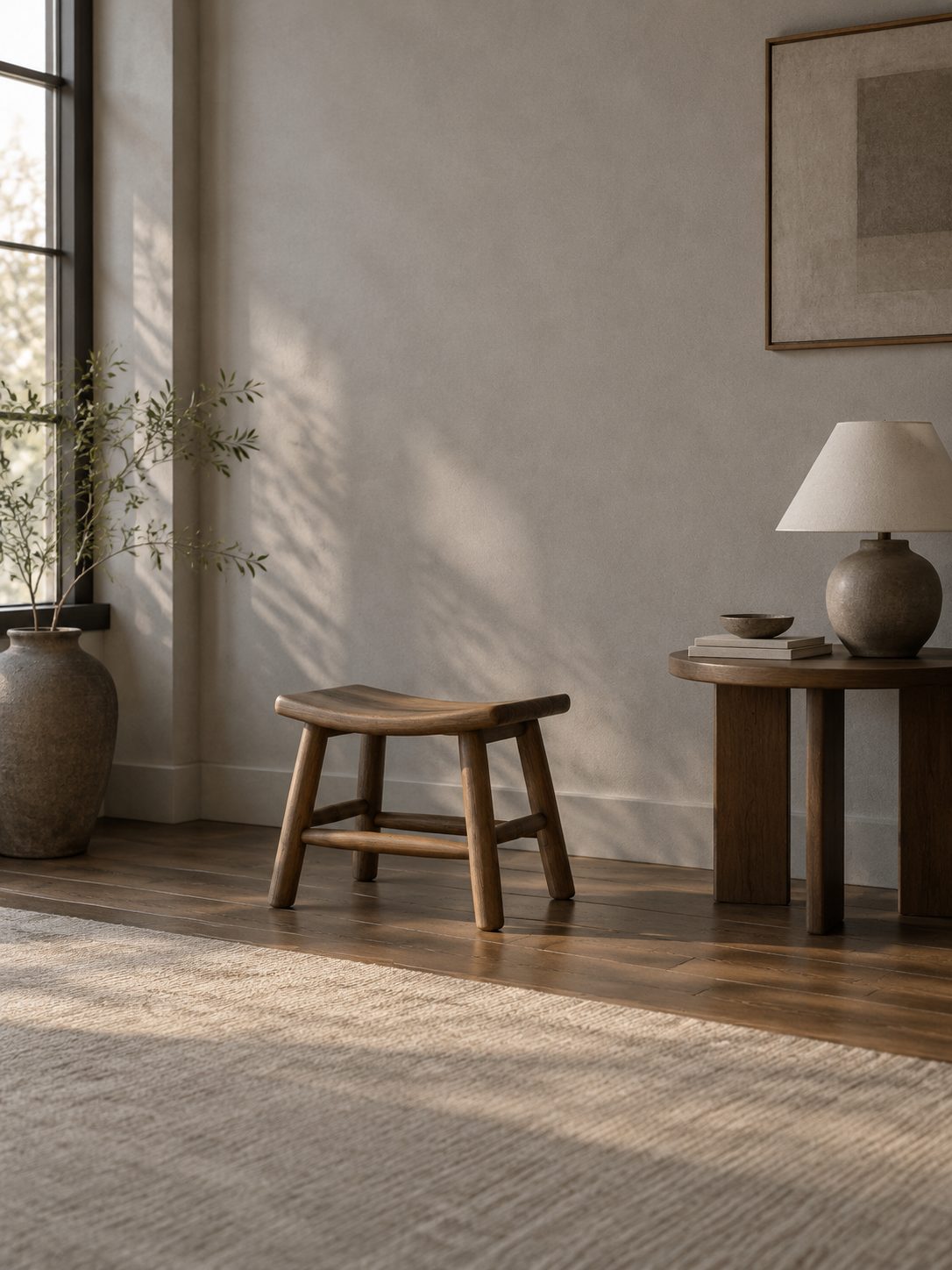 A low wooden stool and side table