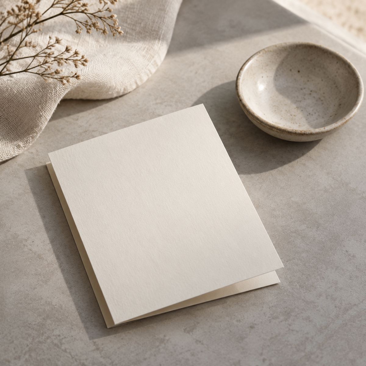 A blank folded card beside a ceramic bowl