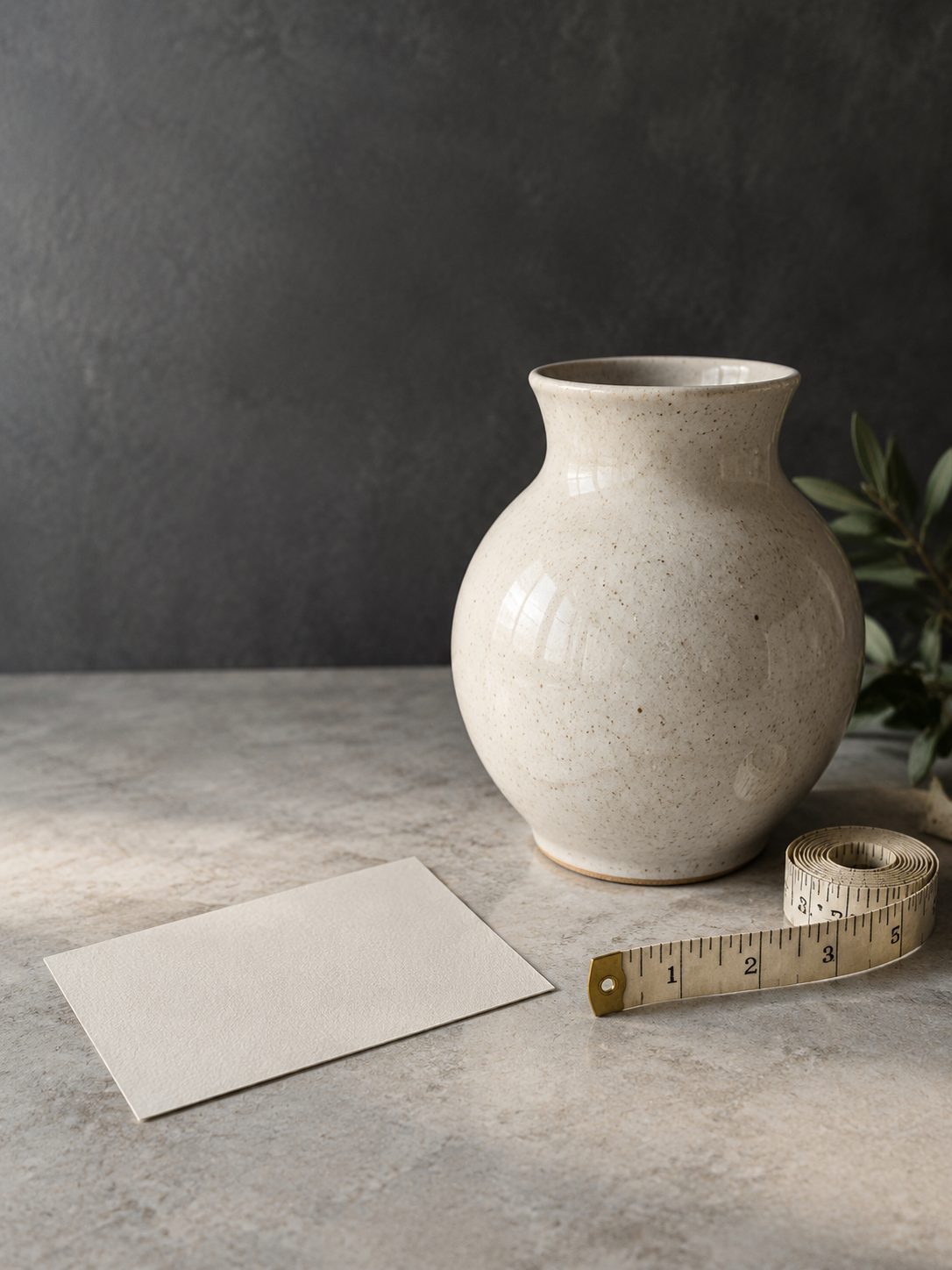 A ceramic vessel beside a tape and a blank card