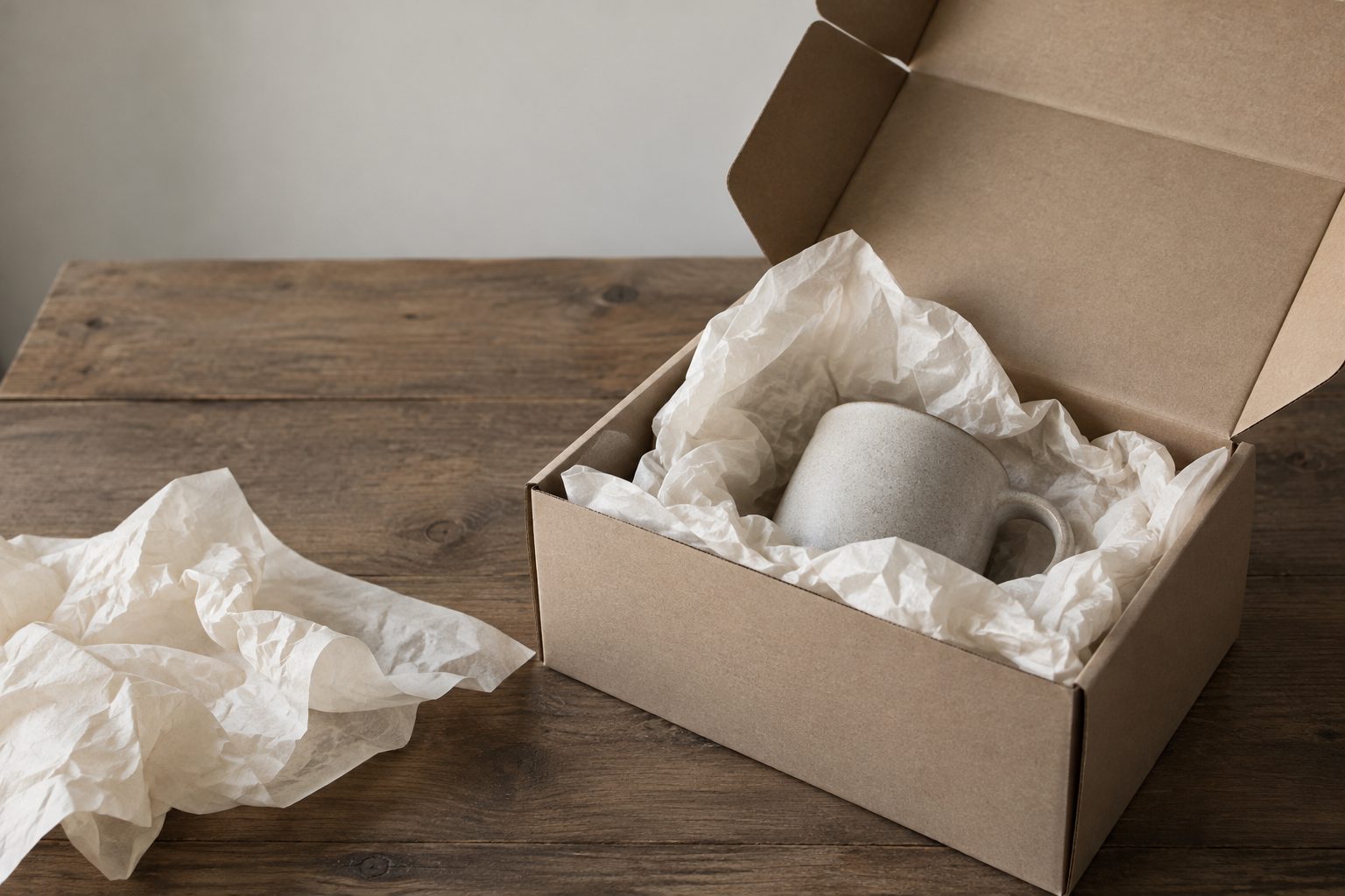 紙箱の中で薄紙に包まれた陶器のカップ