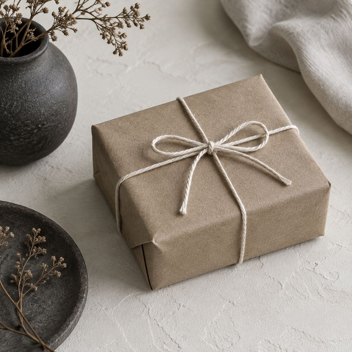 A kraft paper parcel tied with cotton string