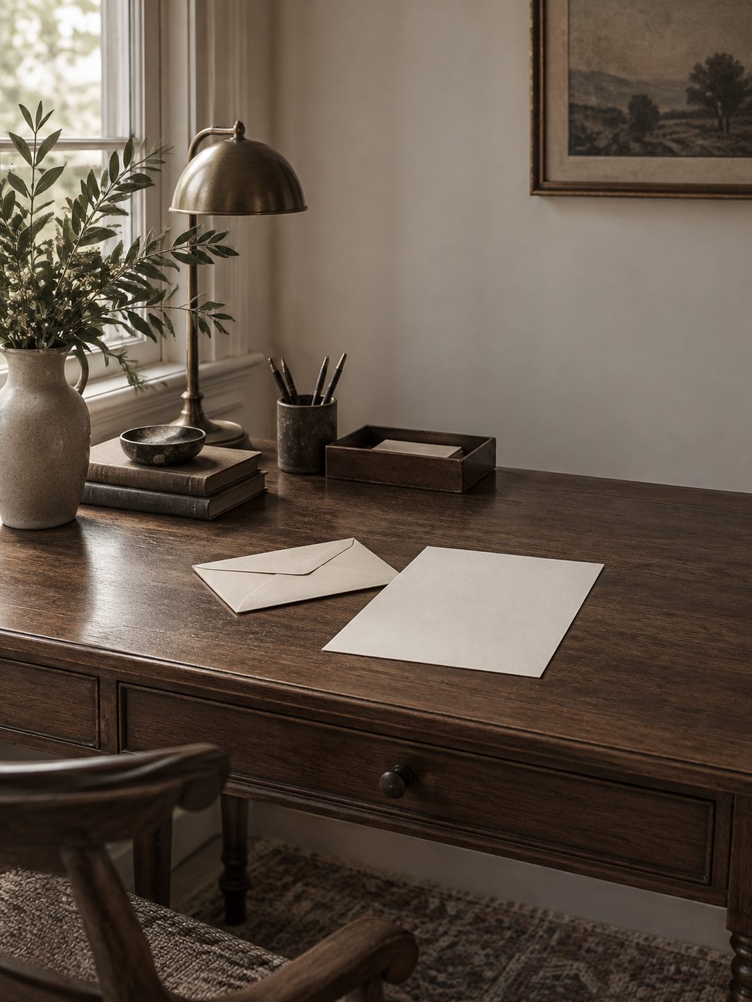 A desk with a blank sheet and an envelope