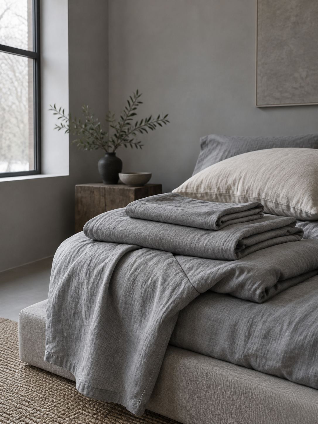 Folded gray linen on a low bed