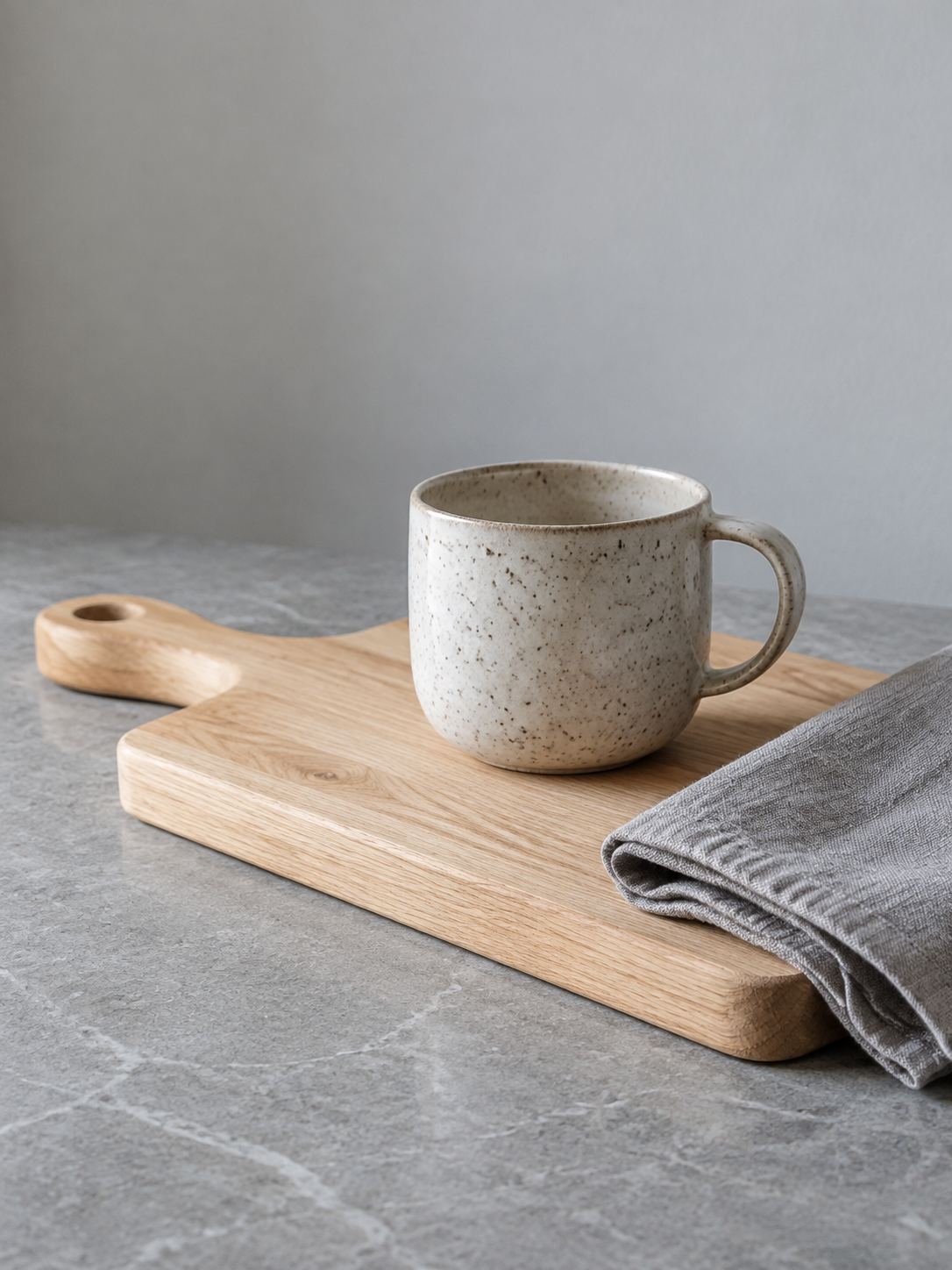 A wooden board, speckled cup and gray napkin