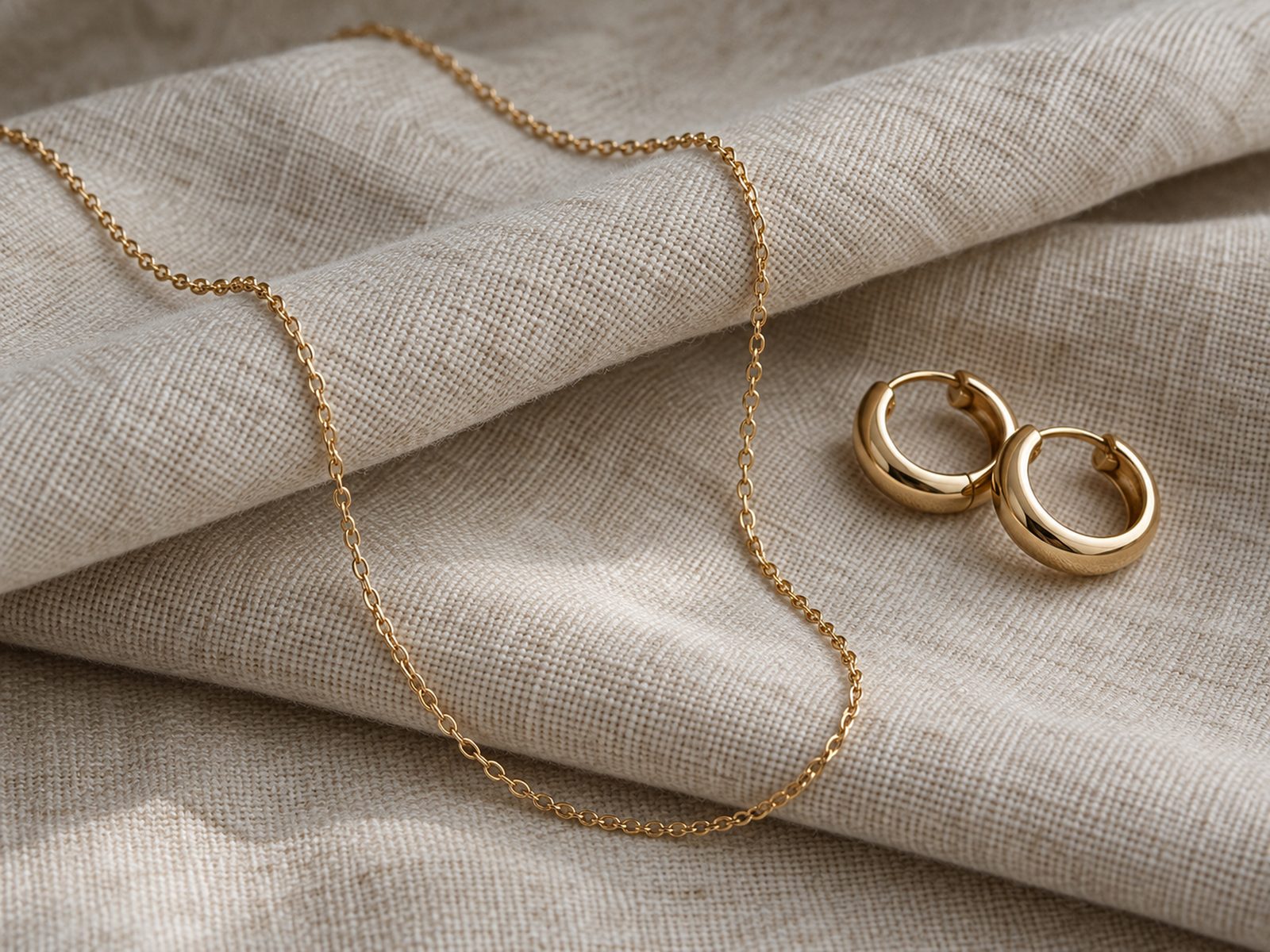 A fine gold chain and small gold hoops on linen