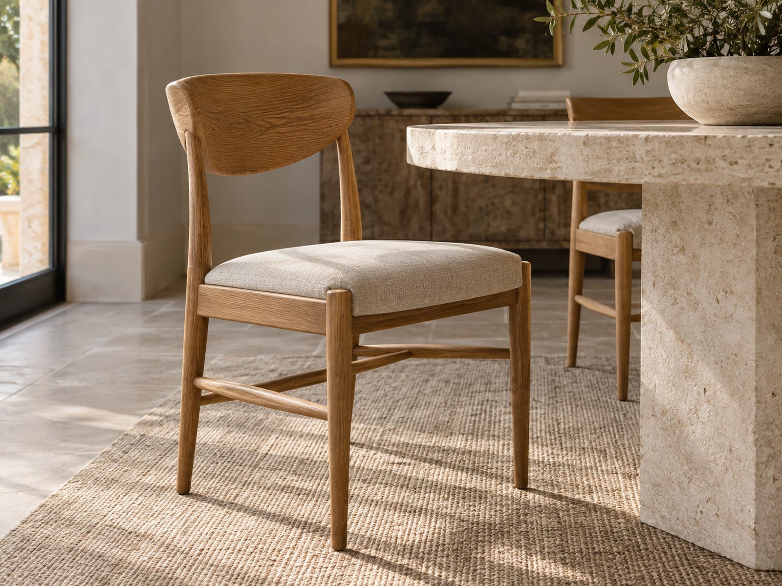 An oak dining chair beside a limestone table