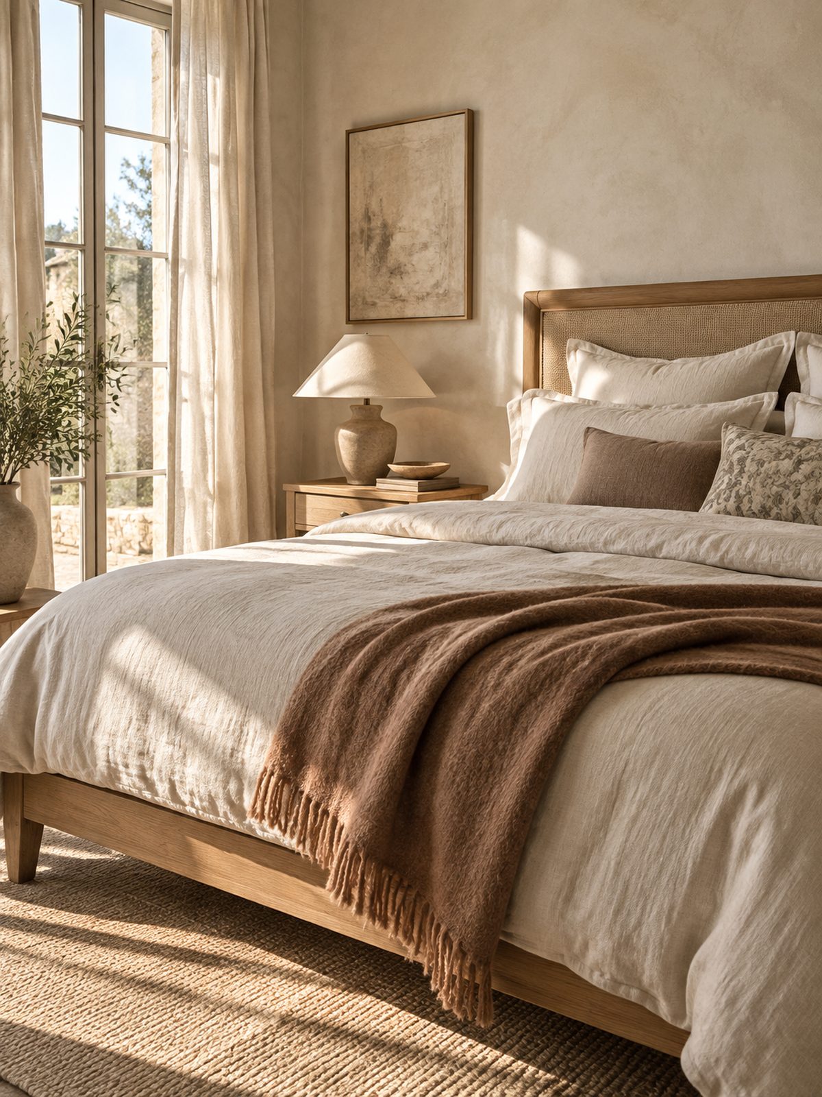 An unbleached linen bed with a clay wool throw