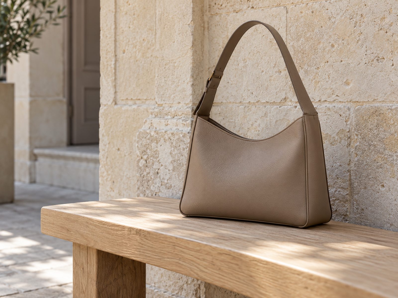 A structured taupe leather bag on an oak bench