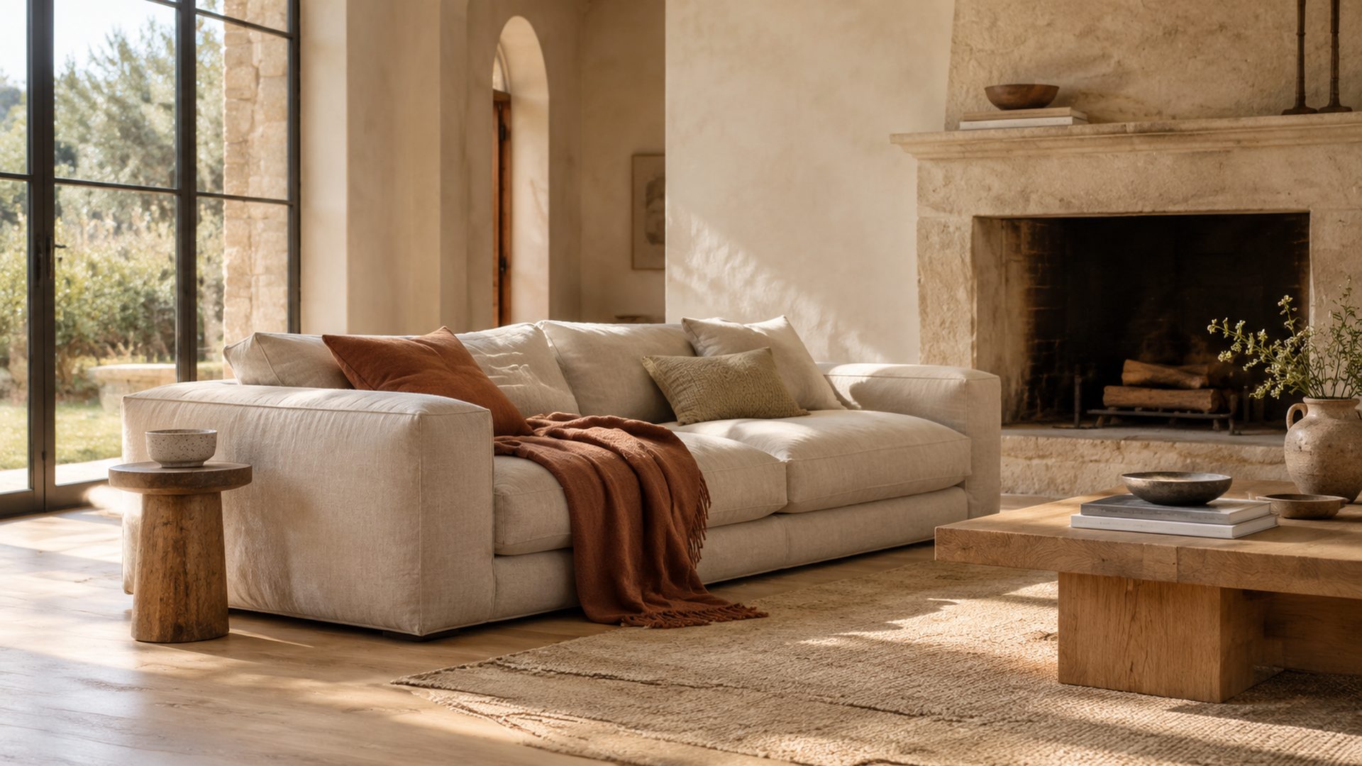 A limestone living room with linen seating and a terracotta throw