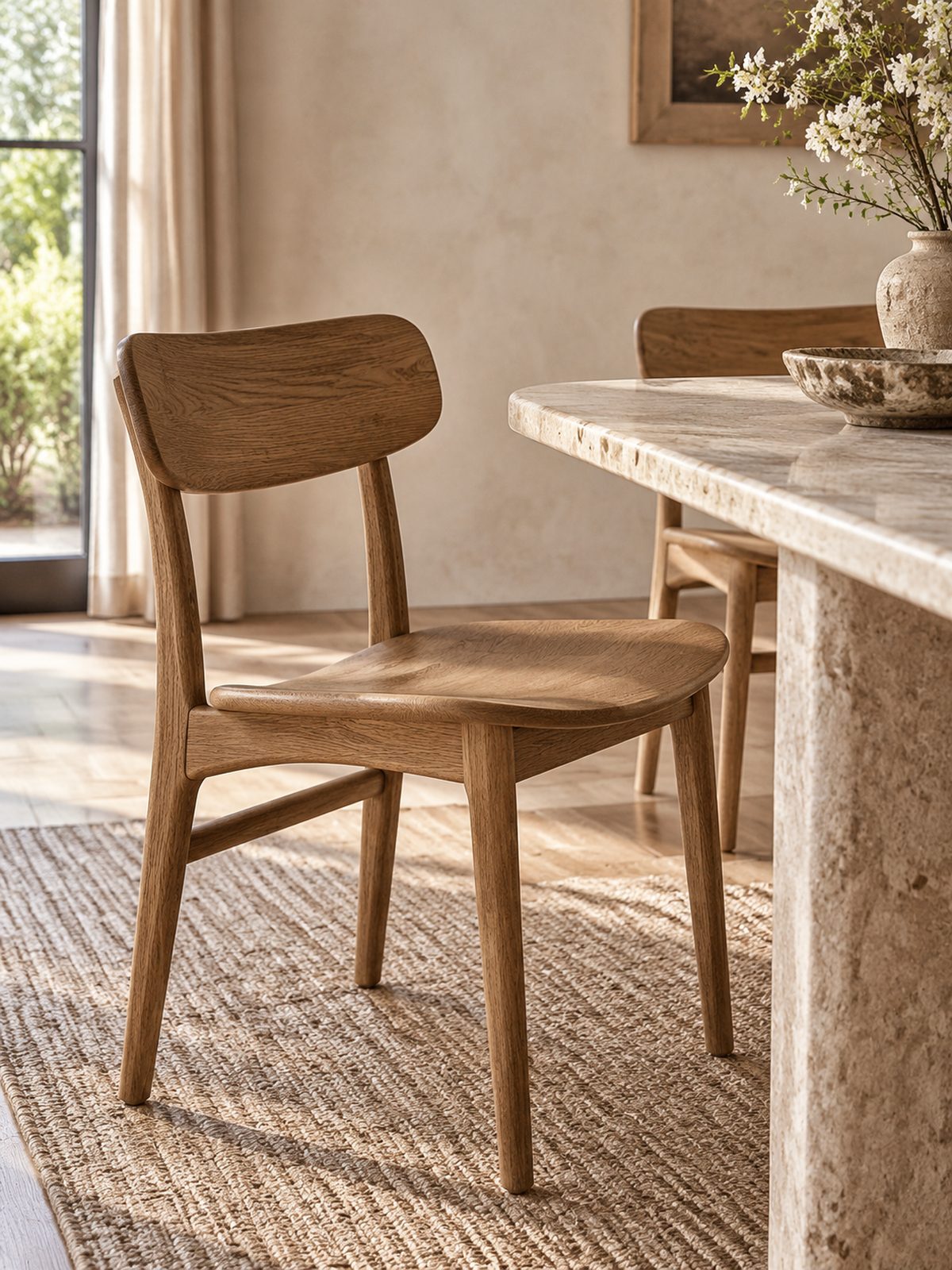 An oak dining chair beside a limestone table edge