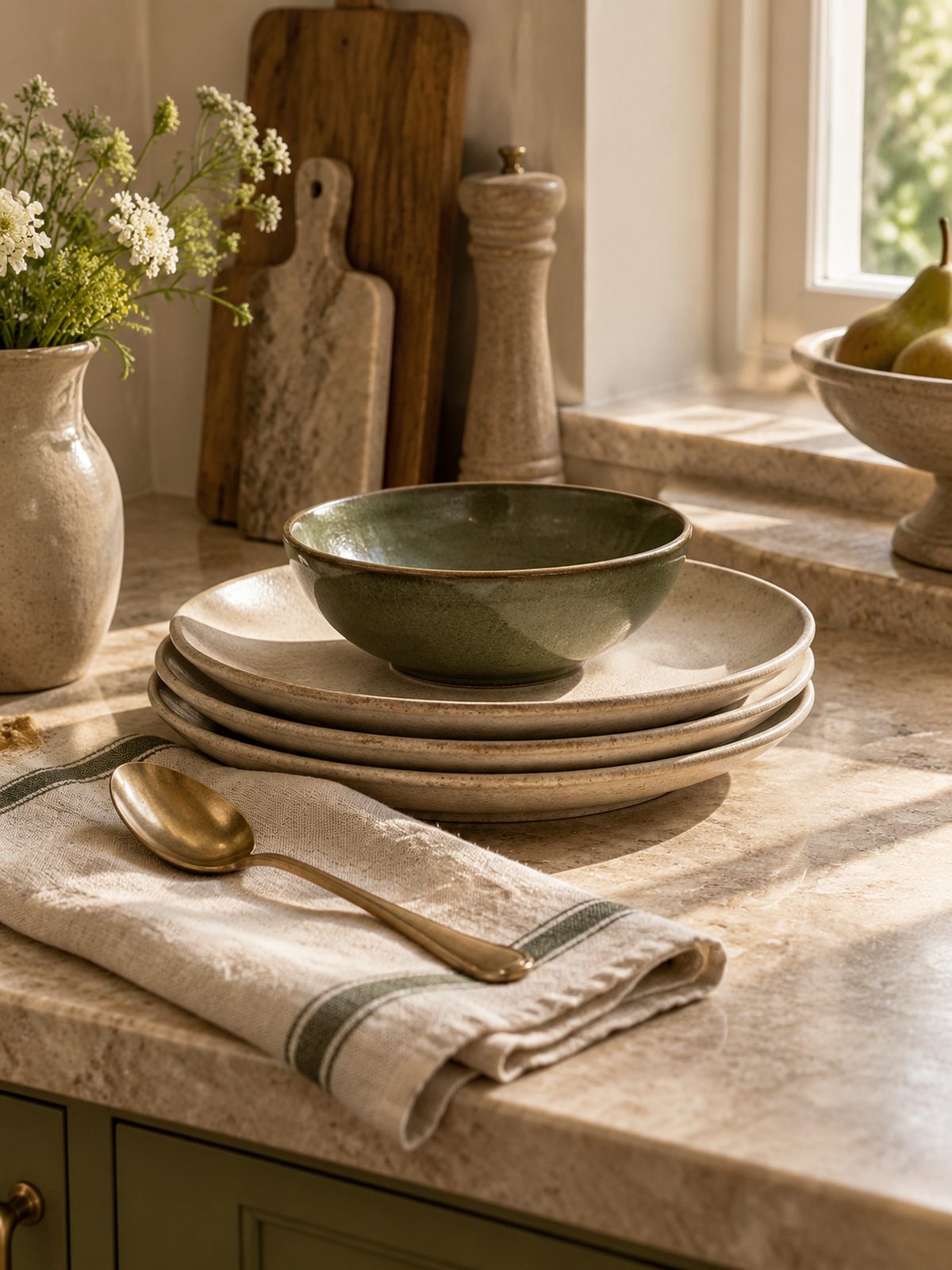 Stacked oatmeal stoneware plates, an olive bowl and a brass spoon