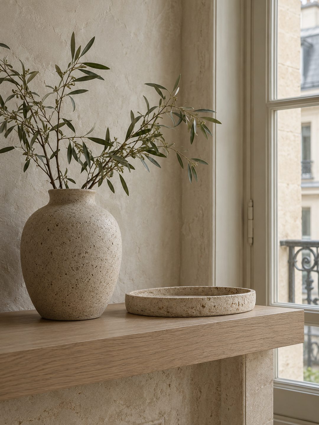 Un vase en grès moucheté sur du chêne clair