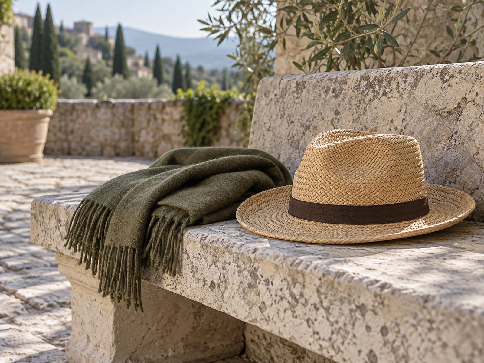 An olive wool scarf and a straw hat on limestone