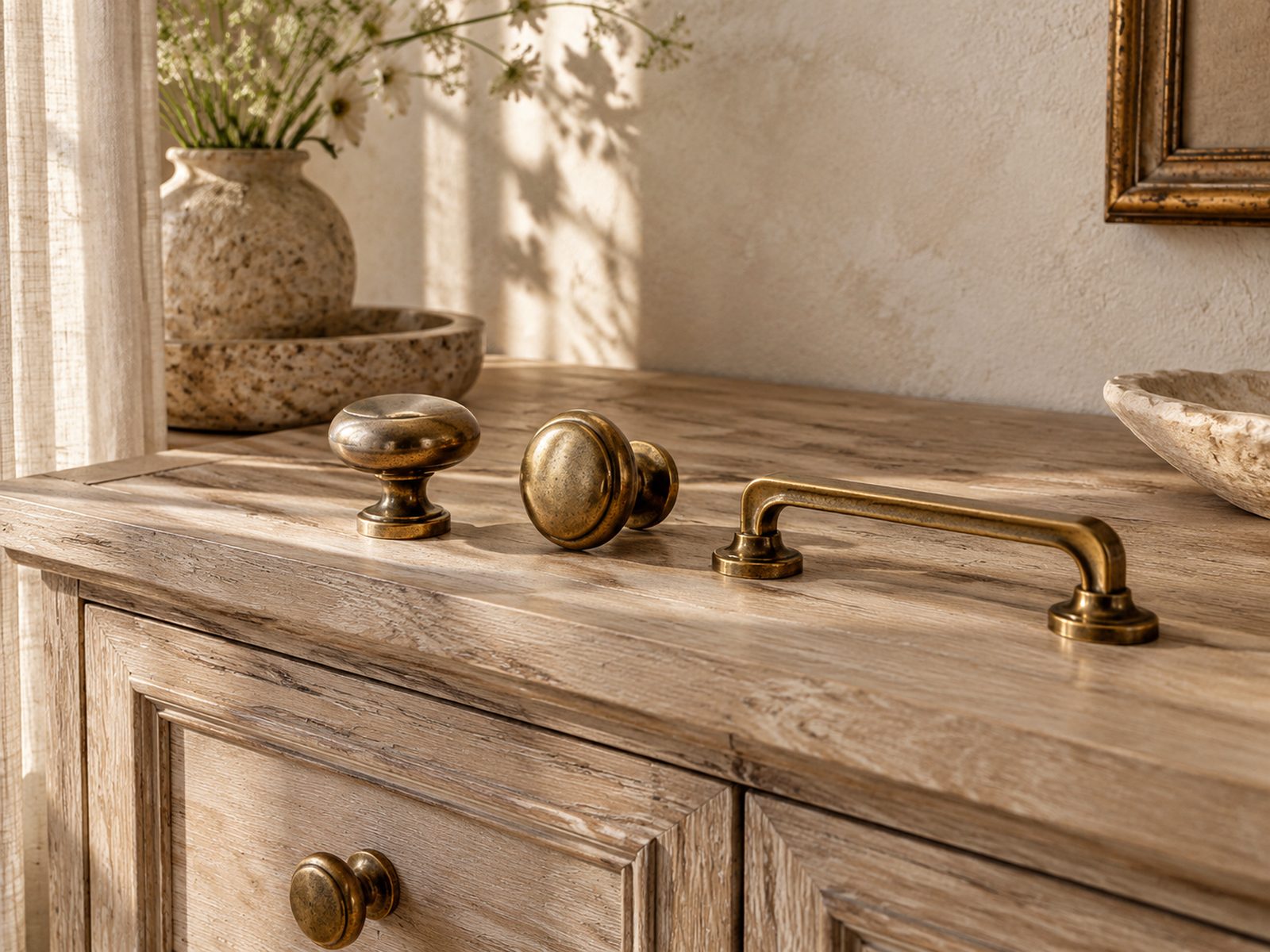 Aged brass knobs and a pull arranged on oak