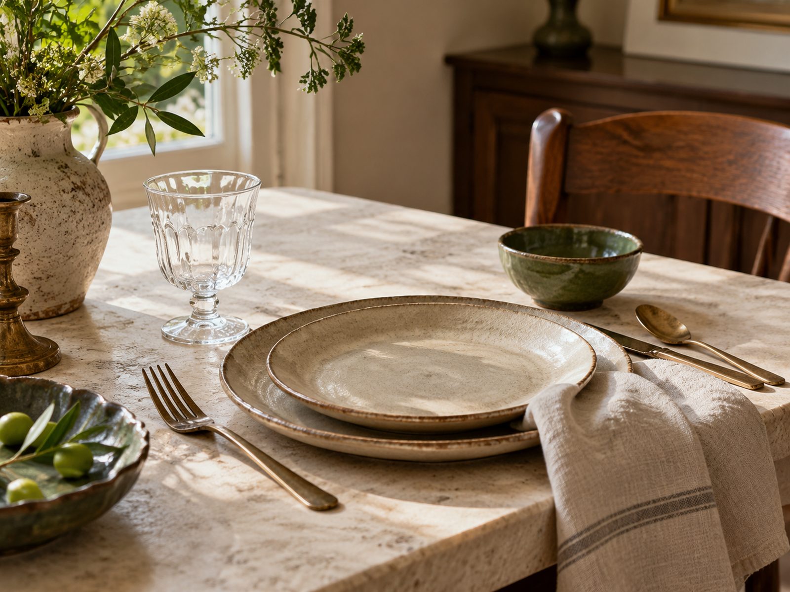Stoneware, linen and brass set on an oak dining table