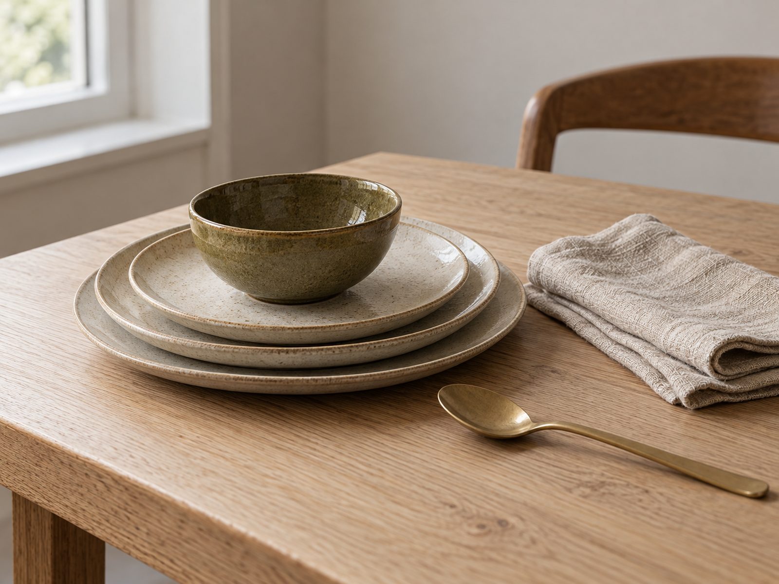 Stacked stoneware plates, an olive bowl and a brass spoon