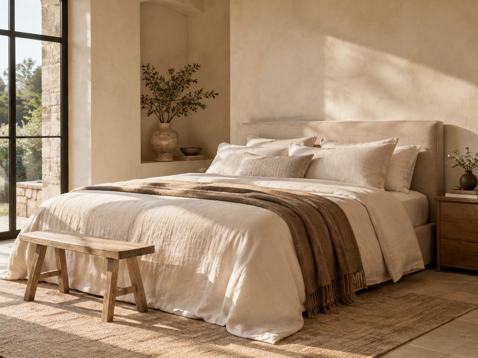 An unbleached linen bed with a clay wool throw