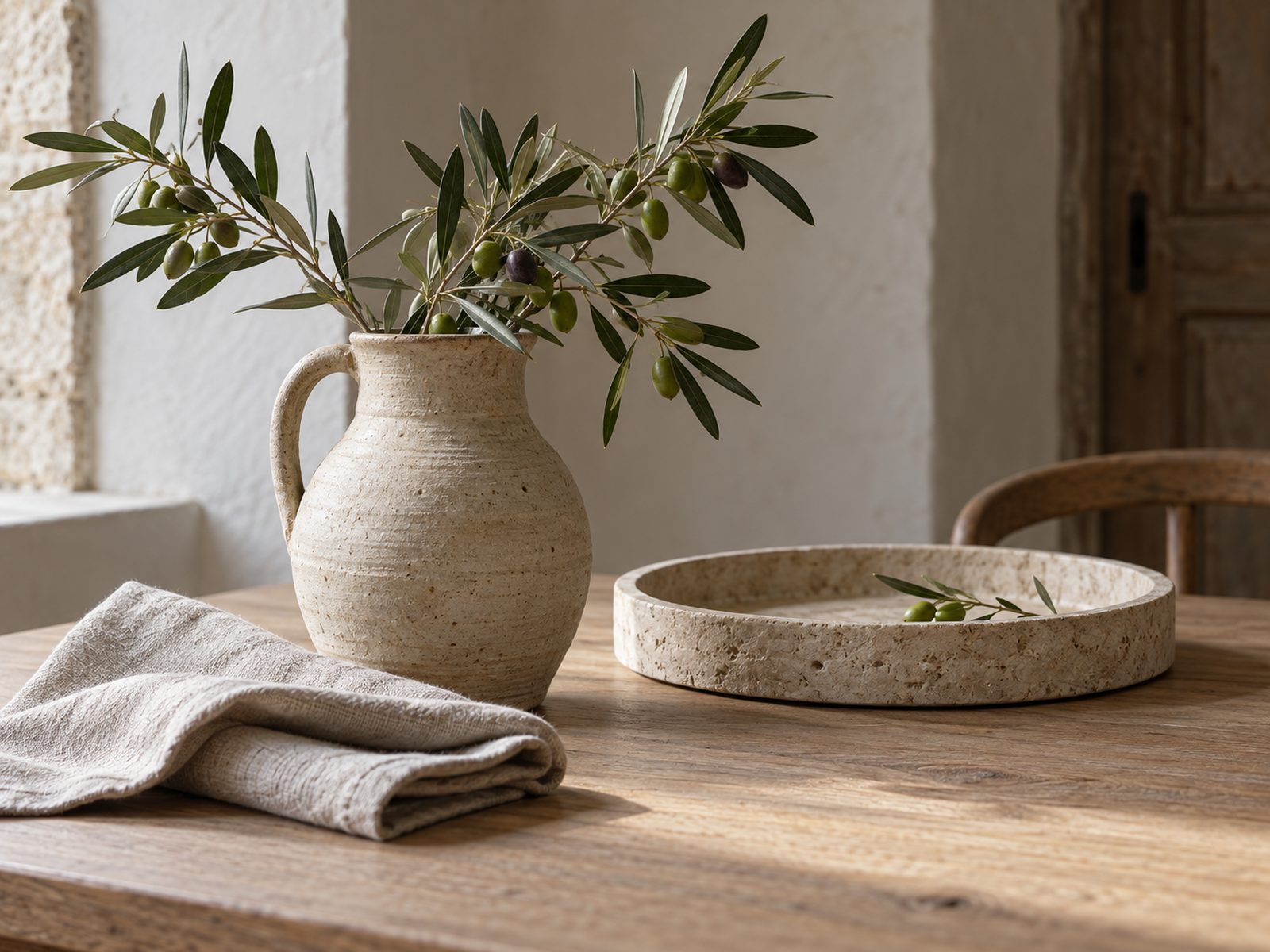A ceramic jug with olive branches and a stone tray
